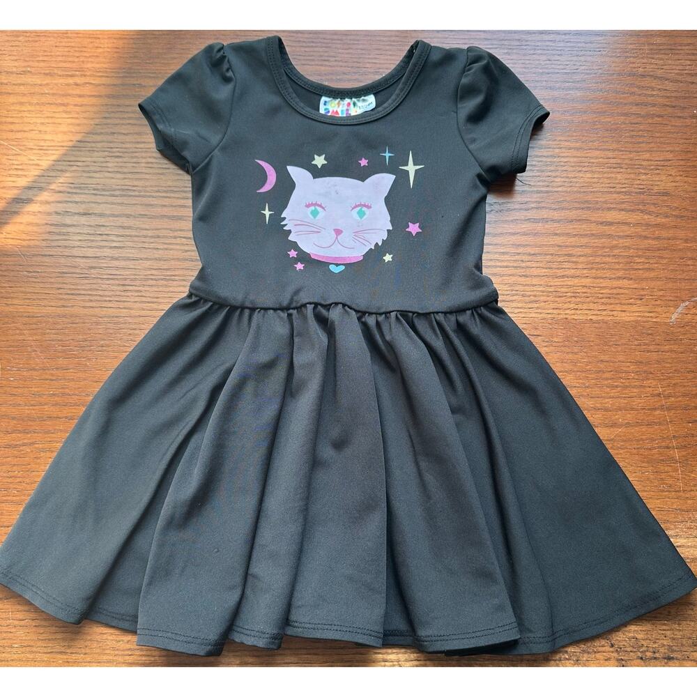Dot Dot Smile Baby Girl 12/24M Black Twirling Dress with Lavender Cat and Stars